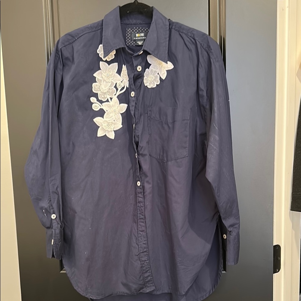 Maeve Navy Button-Down Shirt with White Floral Appliqué